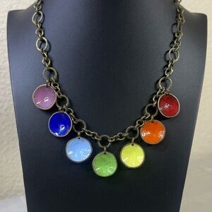 Vintage Multicolor Rainbow Enamel & Bronze Color Chain Necklace